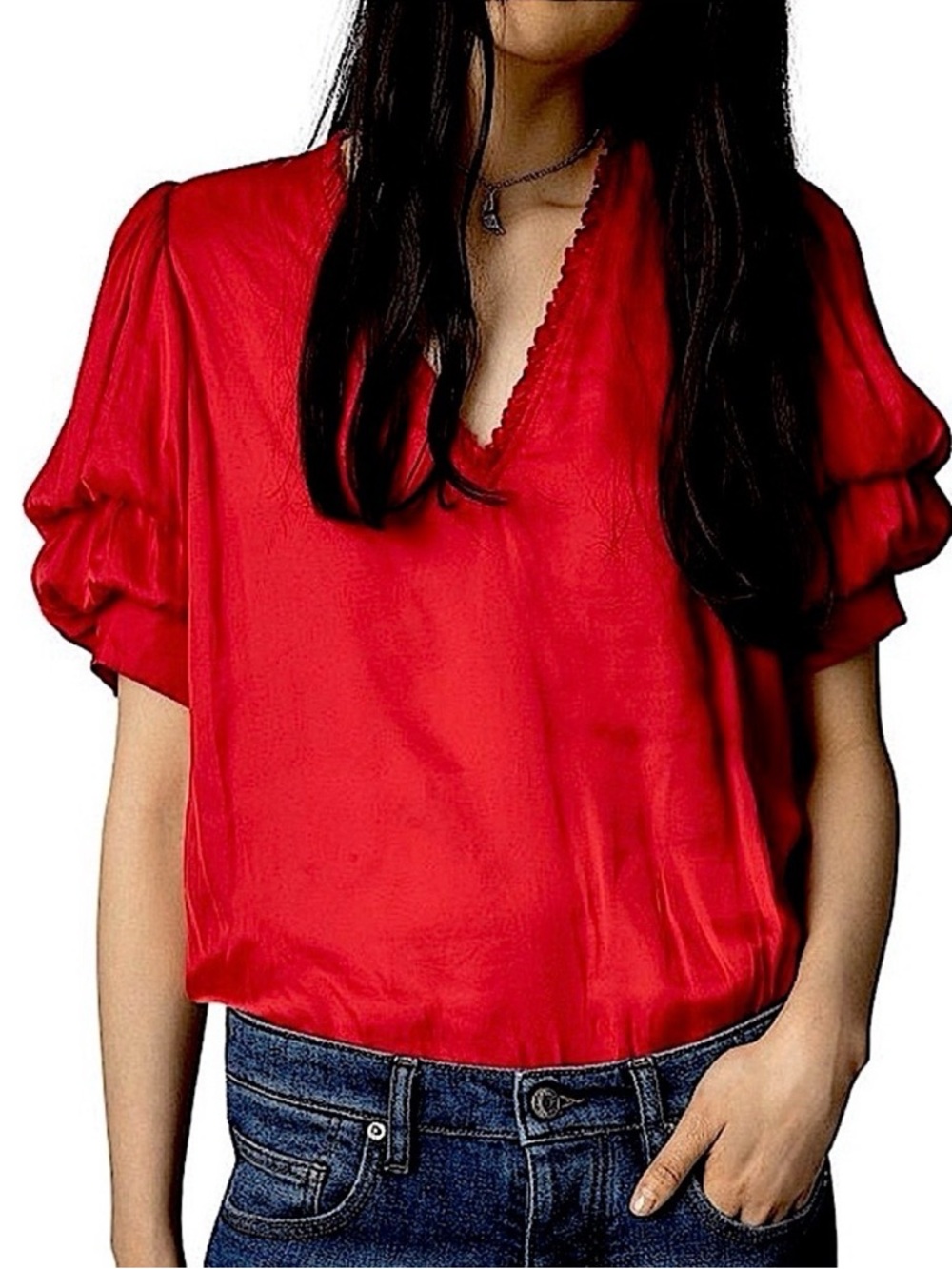 Zadig & Voltaire Taste Tiered Sleeve Satin Top Coquelicot Red Medium $348